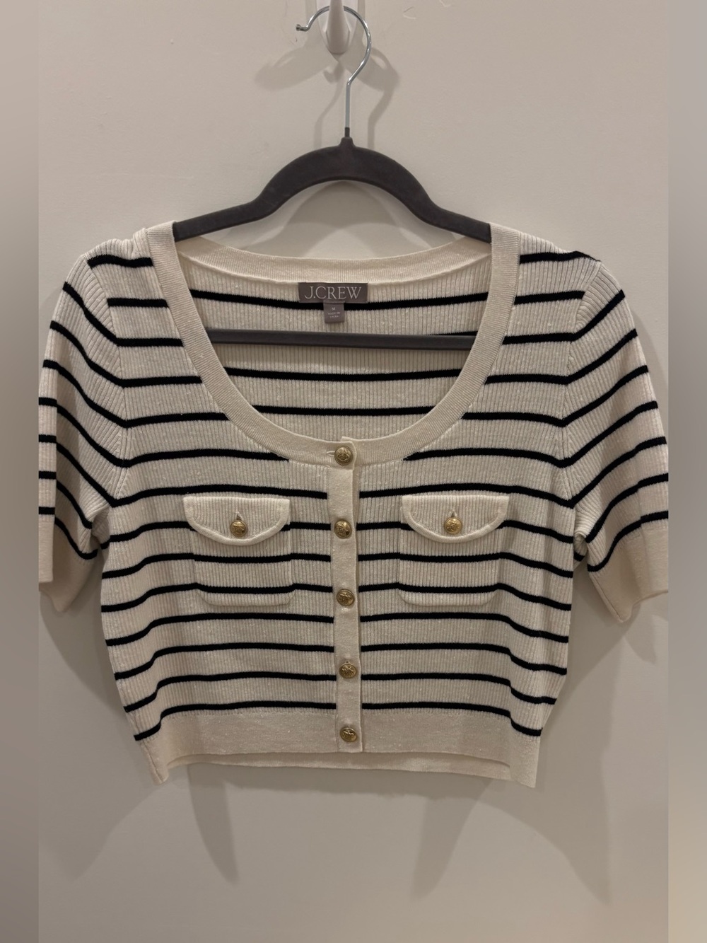 J.Crew Cream & Black Striped Short Sleeve Button Cardigan
